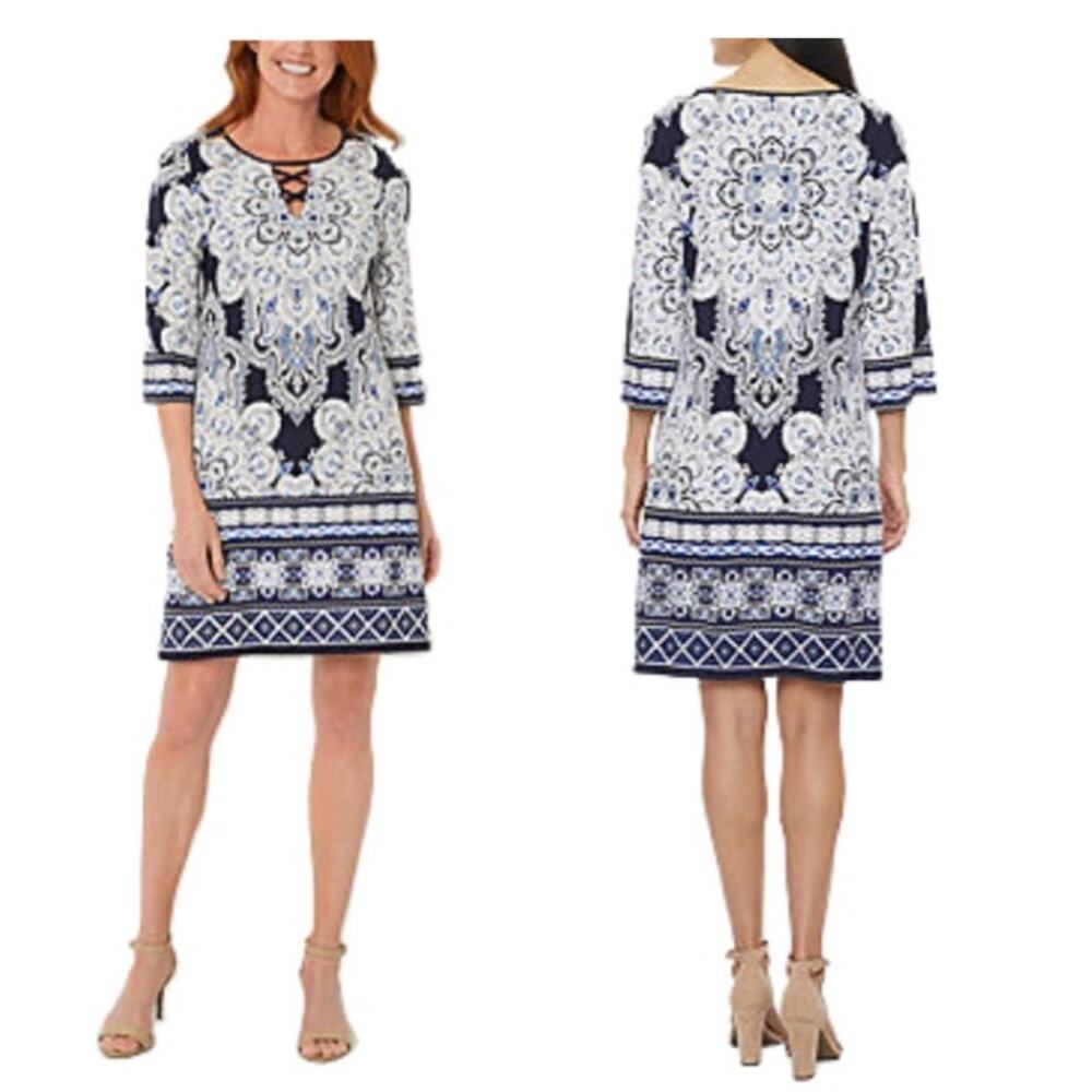 Sandra Darren Women's Navy/Blue/White Textured Criss Cross V-Neck Dress SZ 1X